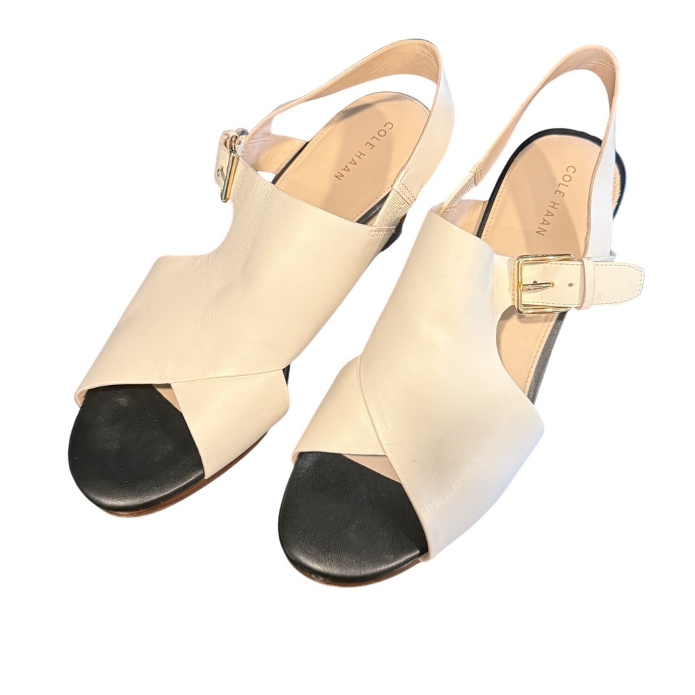 Cole Haan Womens White Leather Slingback Wedge Sandals Gold Buckle Peep Toe 9.5 - Picture 4 of 7